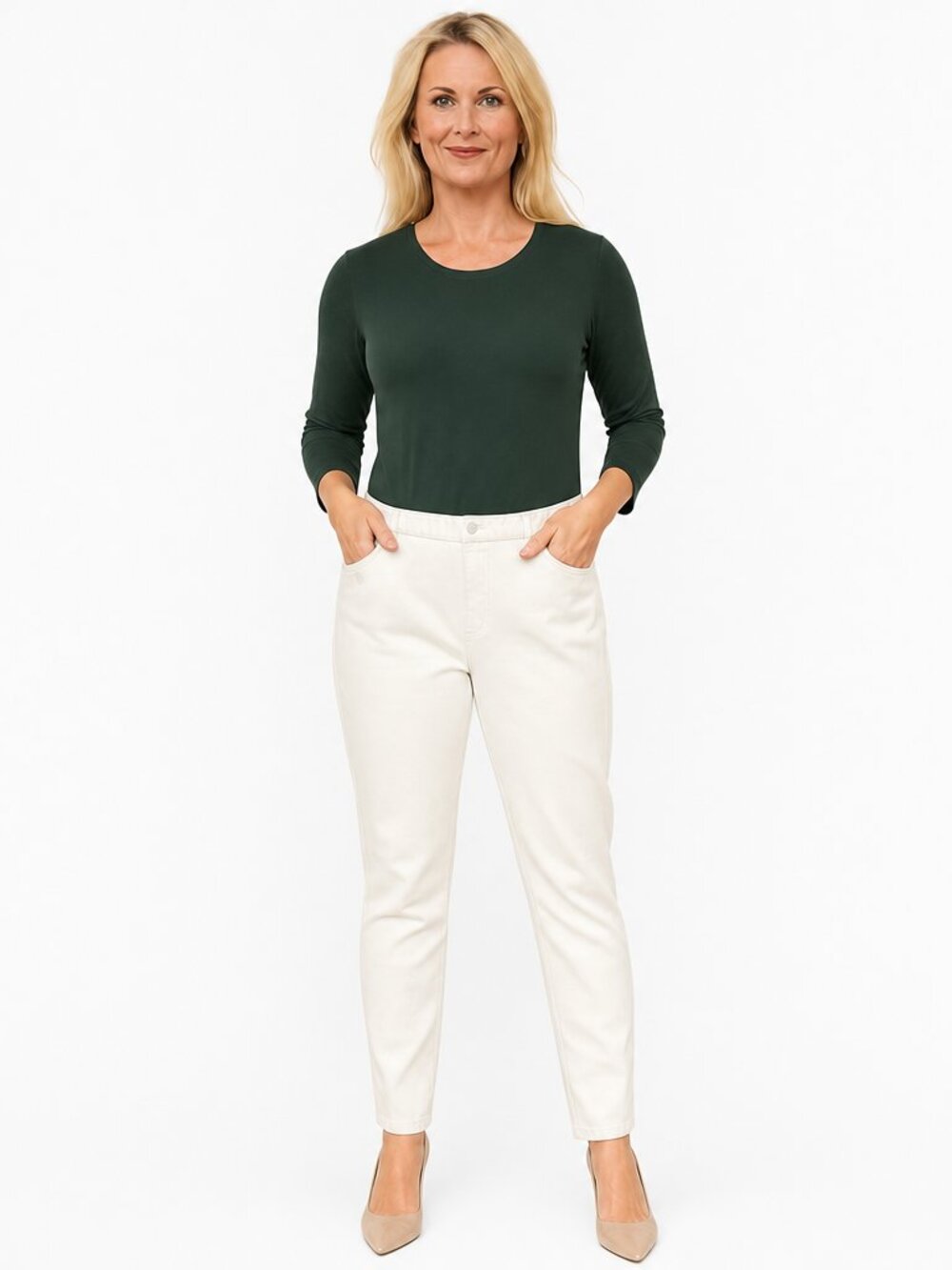 Dream Jeannes by Quacker Factory White Pants LT Rhinestone Button Elastic Waist